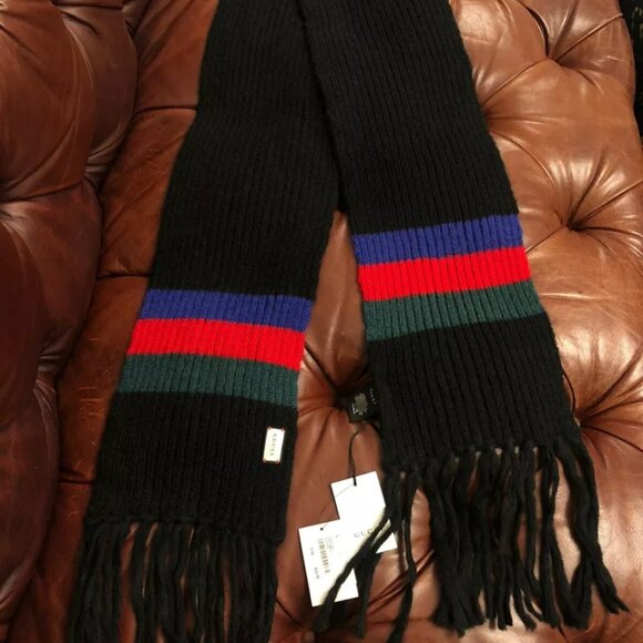 GUCCI THICK BLACK WEB STRIPE MOHAIR WOOL BLEND WARM UNISEX LONG SCARF 236cm - Picture 2 of 6